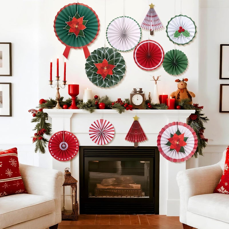paper jazz 15cs Christmas Hanging Paper Fans with Poinsettia Christmas Paper Tree,Vintage Christmas Red Green White Wall Decorations for Xmas,New Year,Winter Party,Holiday Party. - Image 5